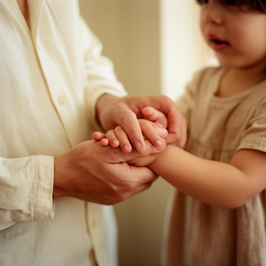 A parent's hands holding a small child's hands